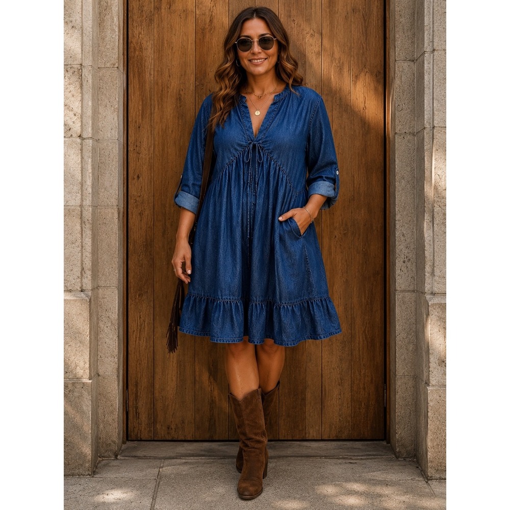 June + Vie Womens Blue Denim V-Neck Babydoll Tiered Dress Pockets Size 10/12